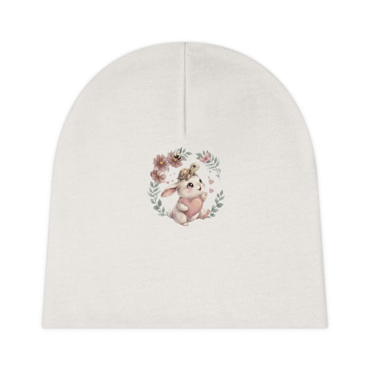 Soft white infant bunny beanie with bunny and turtle artwork, made for everyday warmth and tiny hatchlings.