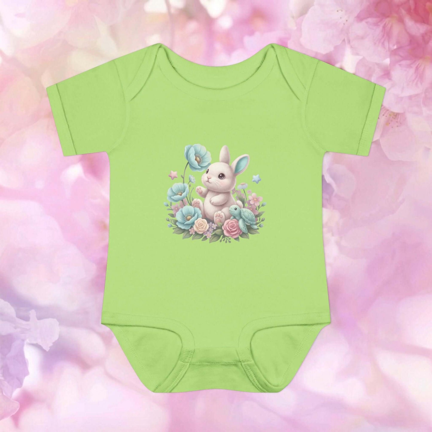 Infant bunny bodysuit in light green with Meadow Bunny artwork for cozy everyday wear.