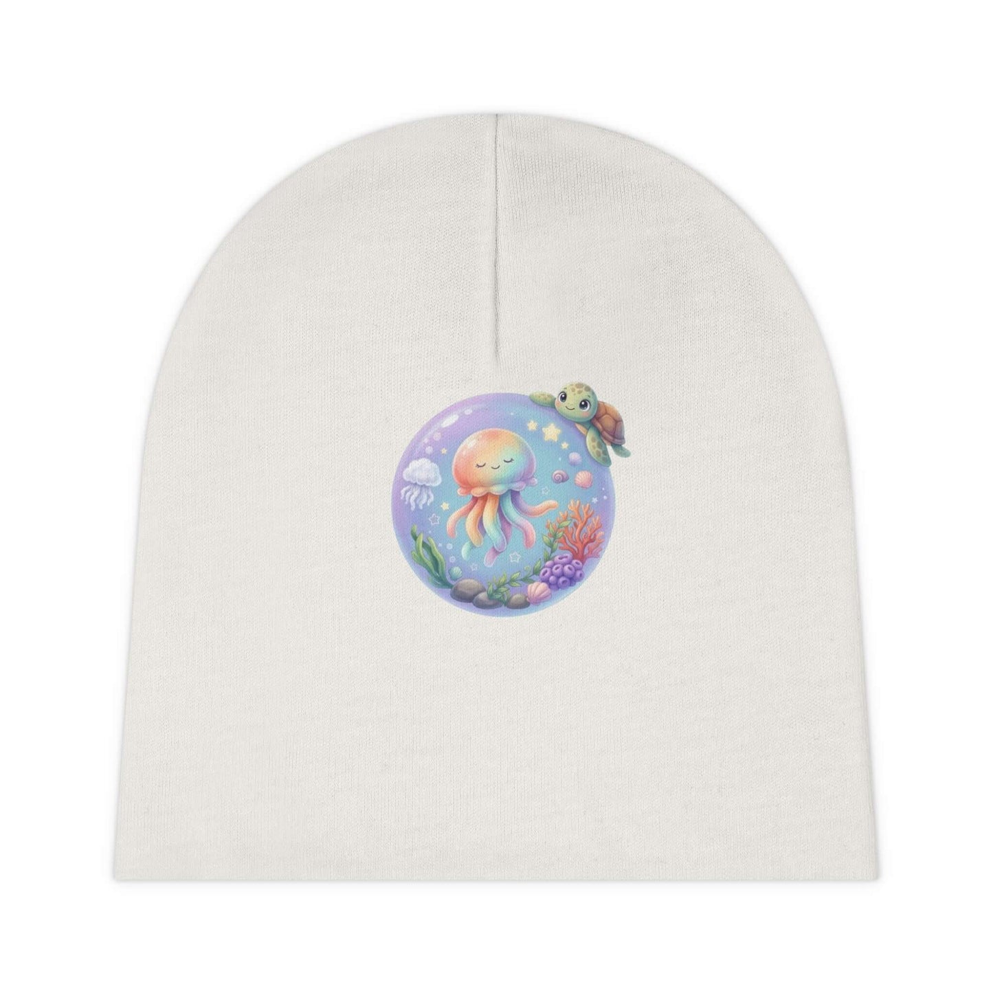 Soft white infant jellyfish beanie with colorful jellyfish and turtle artwork, made for everyday warmth.