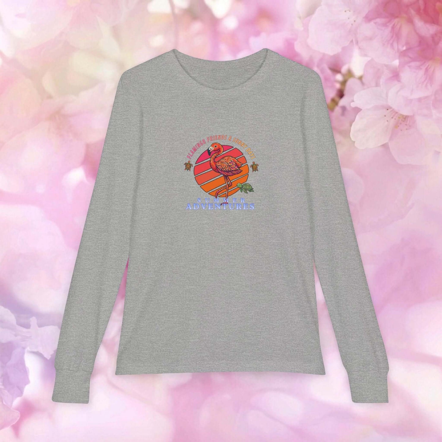 Kids flamingo long sleeve shirt featuring a vibrant design on a gray background, perfect for summer adventures.