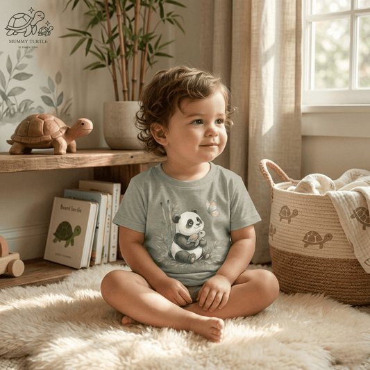Toddler wearing a Sweet Panda Bamboo Toddler T-Shirt, featuring a panda and turtle design, perfect for little explorers.