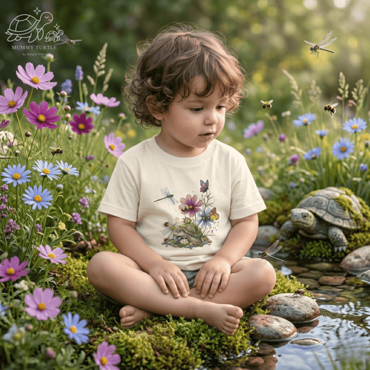 A toddler wearing a toddler flower shirt, sitting peacefully in a garden surrounded by wildflowers, a turtle, and dragonflies.
