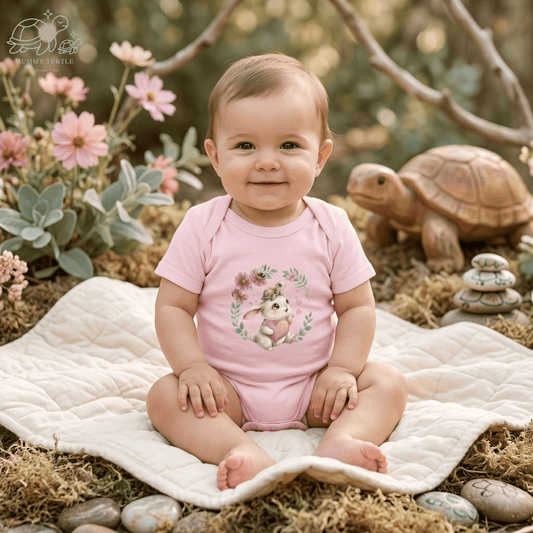 Smiling baby wearing a pink Bunny Rides & Heartfelt Hops baby bunny bodysuit surrounded by flowers and a turtle.