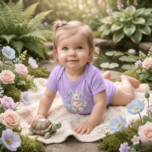 Infant bunny bodysuit worn by a baby outdoors, featuring Meadow Bunny artwork for gentle everyday adventures.