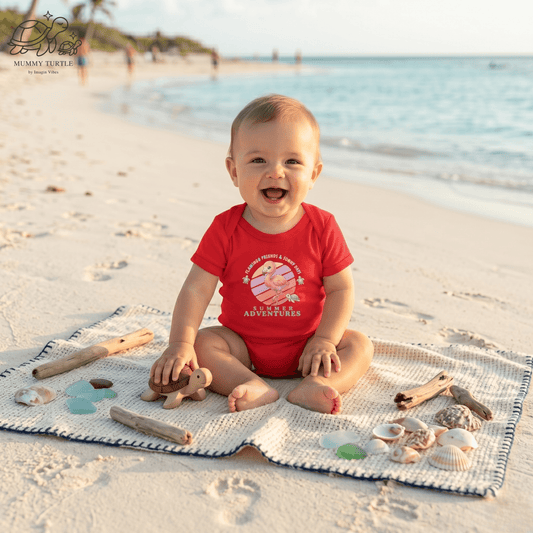 Infant flamingo bodysuit worn by a baby at the beach, featuring Summer Adventure artwork for sunny day outings.