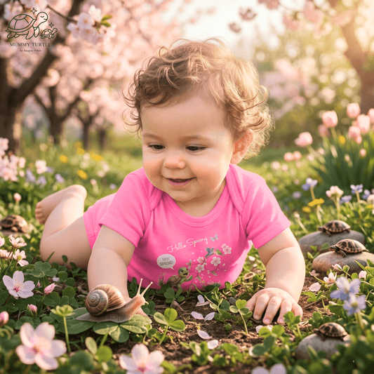 Infant spring bodysuit worn by a baby outdoors, featuring Hello Spring artwork for sunny little adventures.