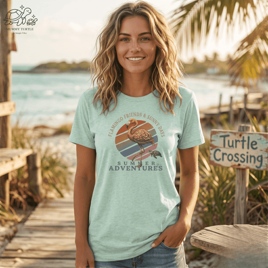 Woman wearing a Summer Adventures flamingo graphic t-shirt by Mummy Turtle near a turtle crossing sign