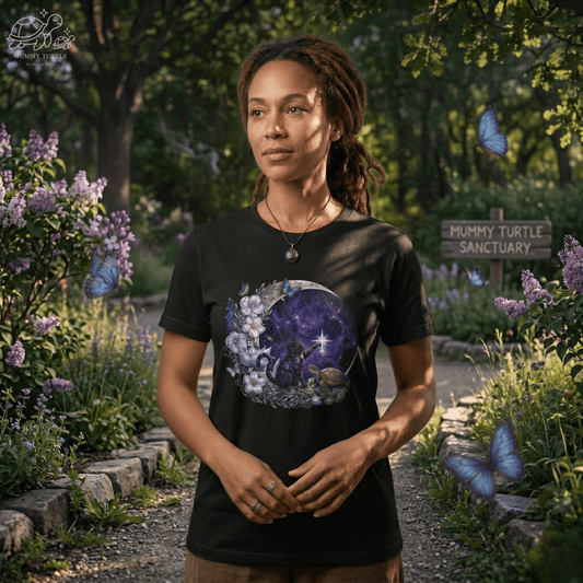 Black cat graphic t-shirt shown on a model in black, highlighting the Celestial Cat design and relaxed everyday fit.