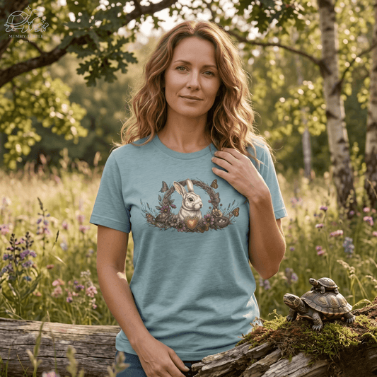 Bunny graphic t-shirt shown on a model in soft mint green, highlighting the Blossom Bunny design and relaxed everyday fit.
