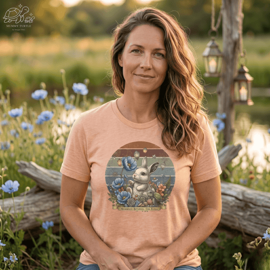 Bunny graphic t-shirt shown on a model outdoors in soft peach, highlighting the Meadow Bunny print and casual fit.