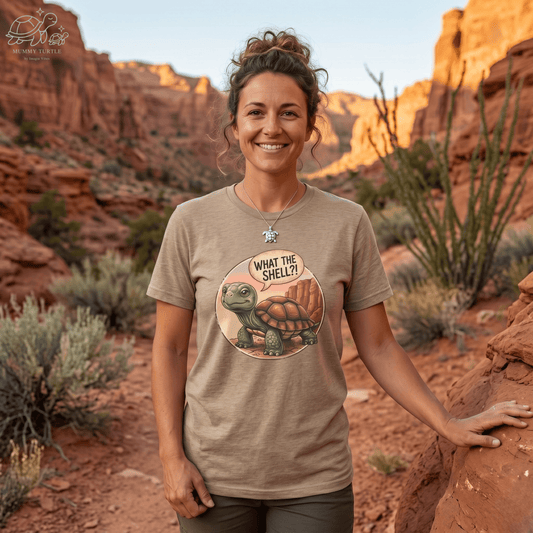 Funny turtle t-shirt shown on a smiling model outdoors, highlighting the Cozy Shell graphic in a casual everyday fit.