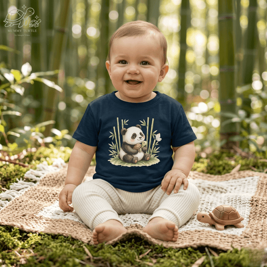 Infant panda t-shirt worn by a baby, featuring Bamboo Panda artwork for sweet little adventures.