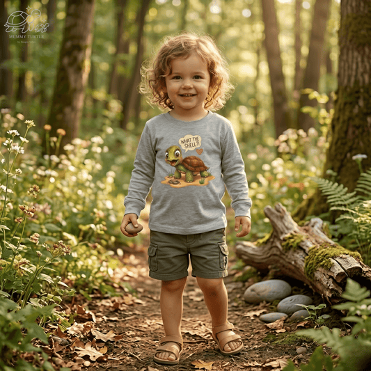 Toddler wearing a cozy shell toddler turtle long sleeve shirt in a forest setting.