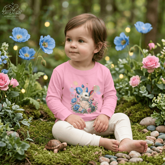 Toddler wearing a pink Meadow toddler bunny long sleeve shirtin a flower-filled garden setting.
