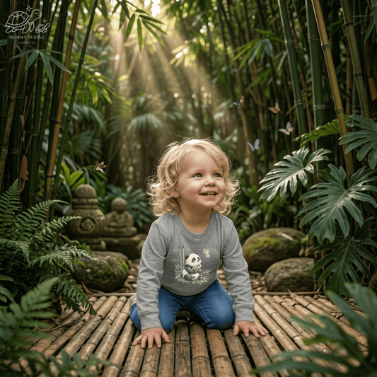 Toddler laughing in bamboo forest wearing toddler panda long sleeve shirt, surrounded by greenery and butterflies.
