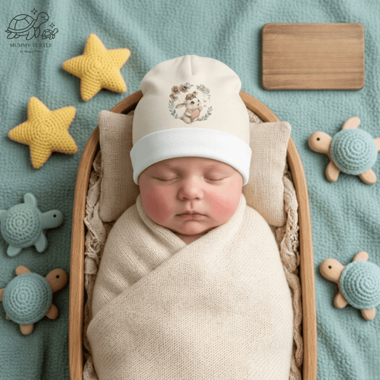 Infant bunny beanie worn by a newborn baby wrapped in a soft blanket for sweet first photos and cuddles.