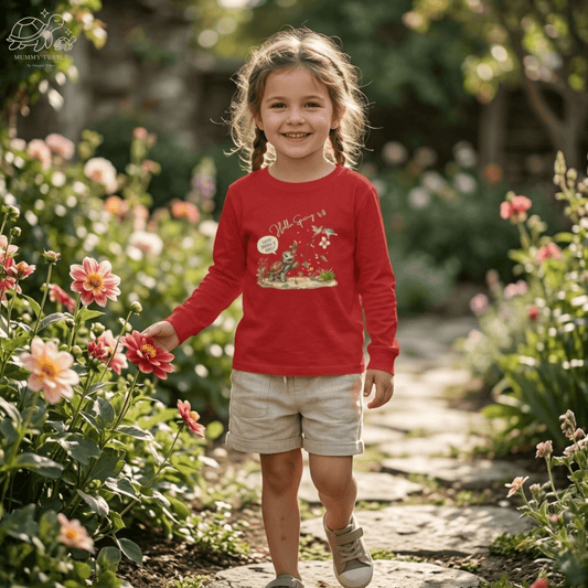 Girl wearing a red Hello Spring kids long sleeve shirt in a flower garden, showcasing the kids spring long sleeve shirt.