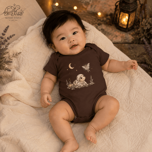 Baby wearing the Mystic Mummy Infant Bodysuit in a cozy autumn setting with a playful mummy turtle design.
