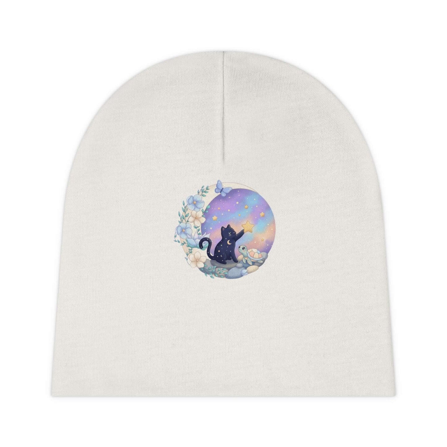 Soft white infant cat beanie with celestial cat and turtle artwork, made for everyday warmth and tiny hatchlings.
