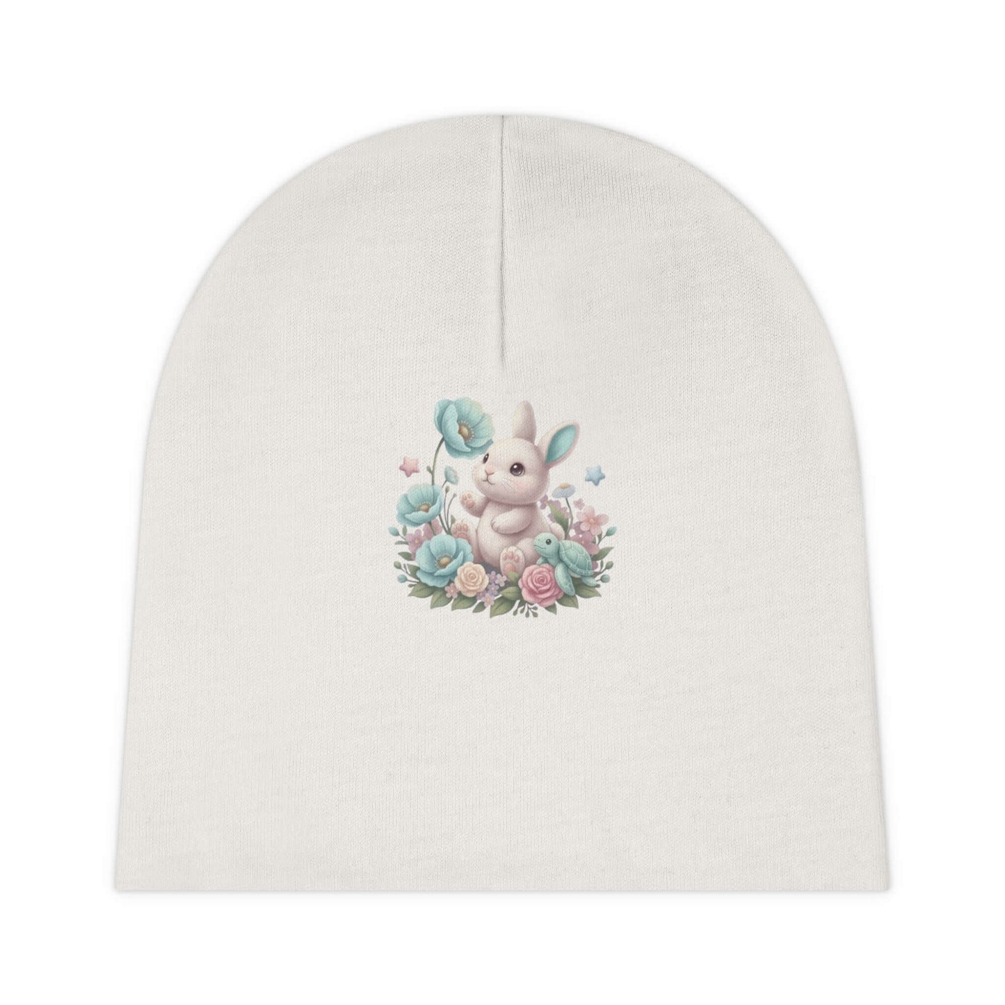 Soft white infant bunny beanie with bunny and turtle artwork, made for everyday warmth and tiny hatchlings.