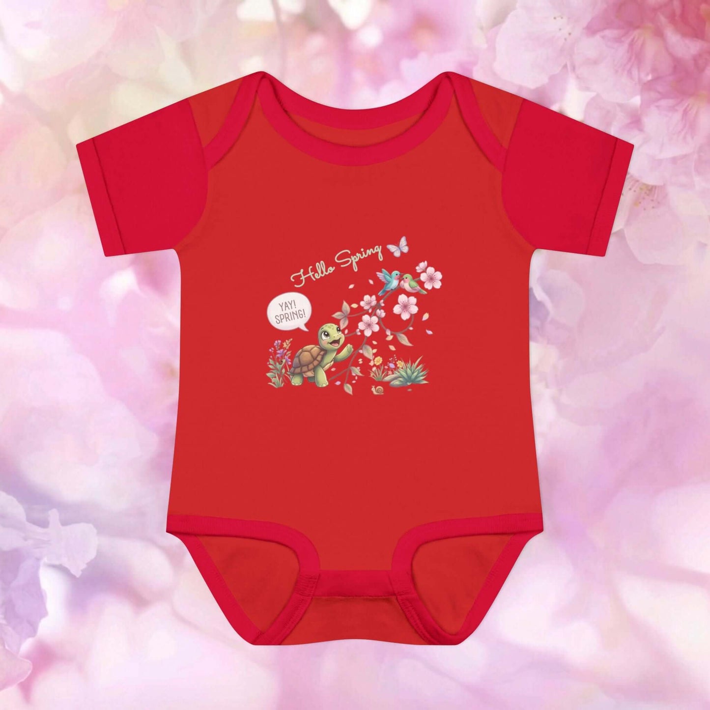 Infant spring bodysuit in red with Hello Spring turtle and blossom design for tiny seasonal adventures.