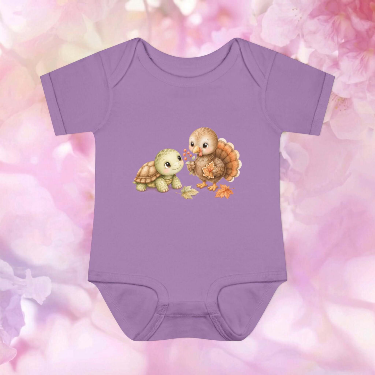 Purple Harvest Friends Infant Bodysuit featuring a cheerful turtle and friendly turkey in a gentle fall harvest design.