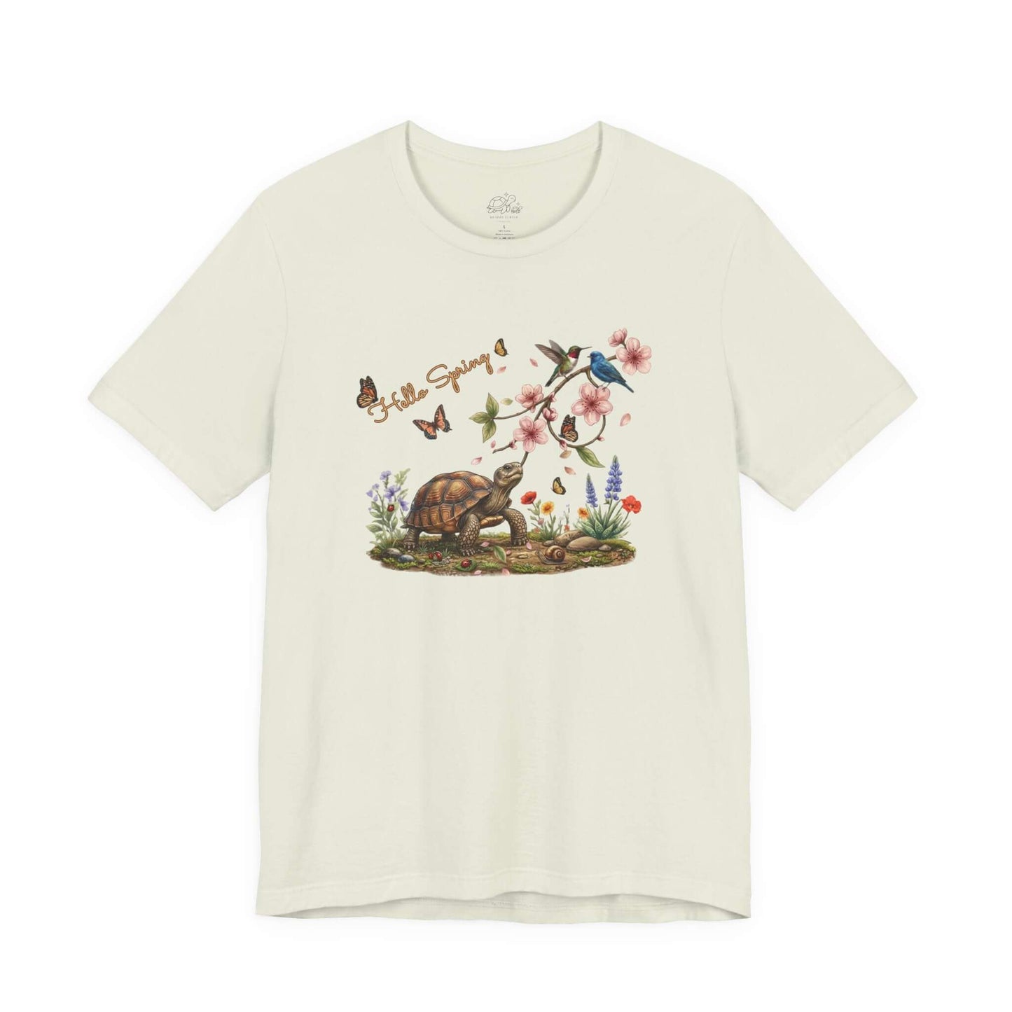 Hello Spring Unisex Jersey Tee featuring a turtle among cherry blossoms and birds, celebrating spring's beauty.