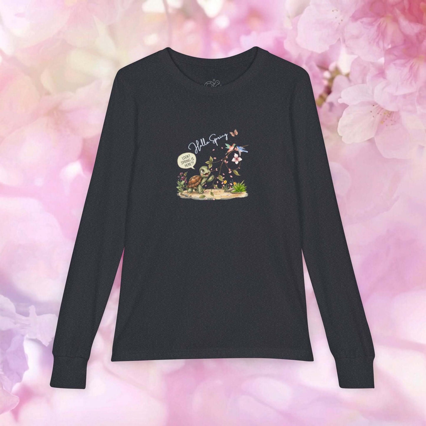 Hello Spring Kids Long-Sleeve Tee featuring a cheerful turtle amidst wildflowers, perfect for kids spring long sleeve shirt.
