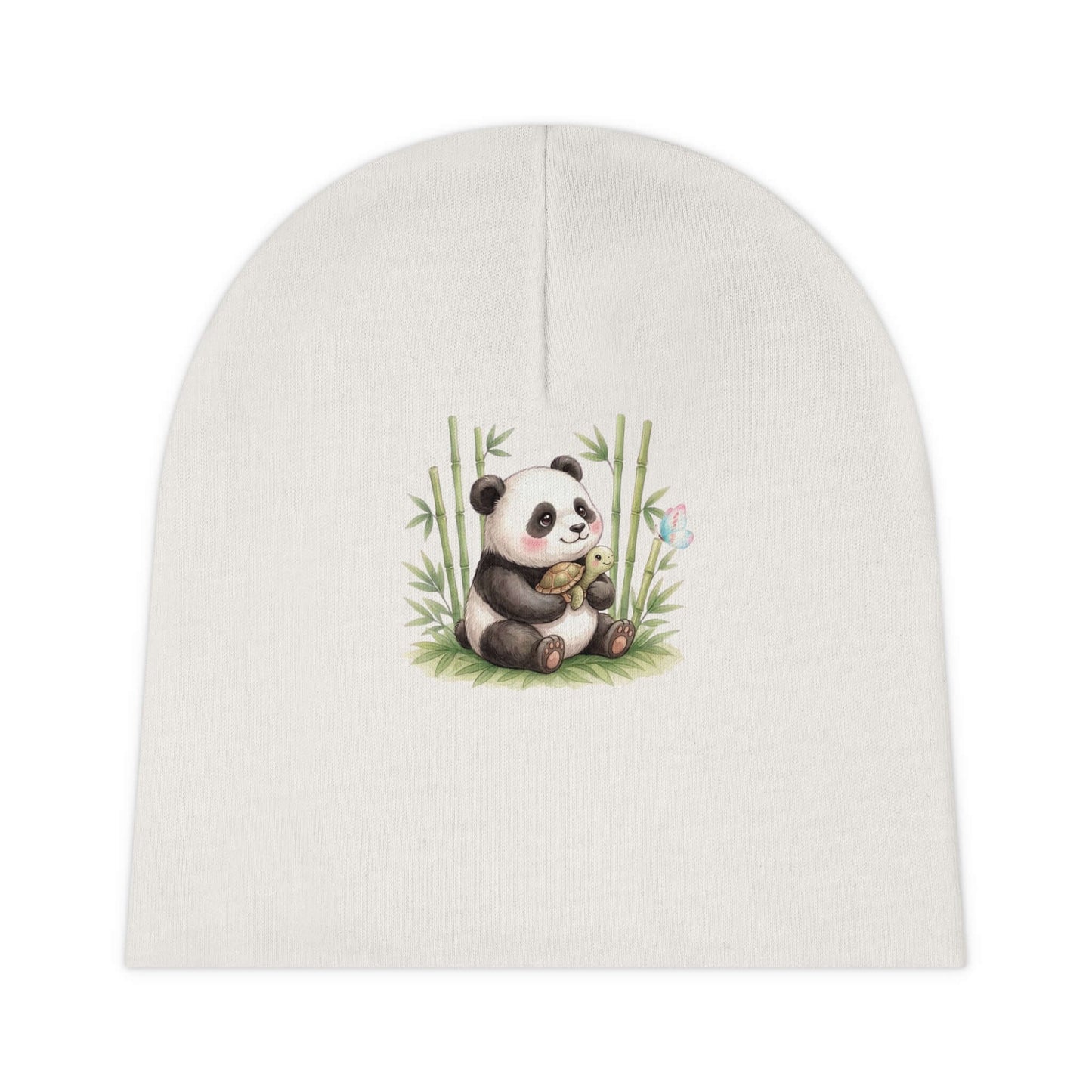 Soft white infant panda beanie with panda and turtle artwork, made for everyday warmth and tiny hatchlings.