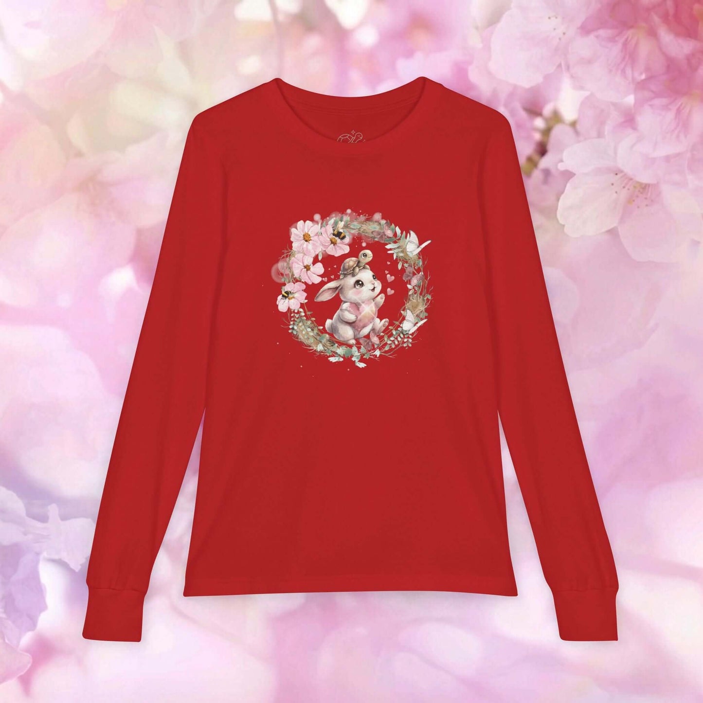 Kids bunny long-sleeve shirt featuring a cute bunny and floral design on a red background, perfect for young explorers.