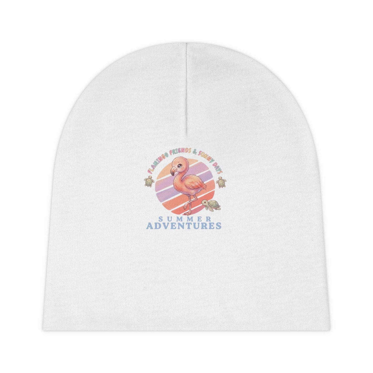 Infant flamingo beanie featuring a playful pink flamingo design with the text 'Summer Adventures'.