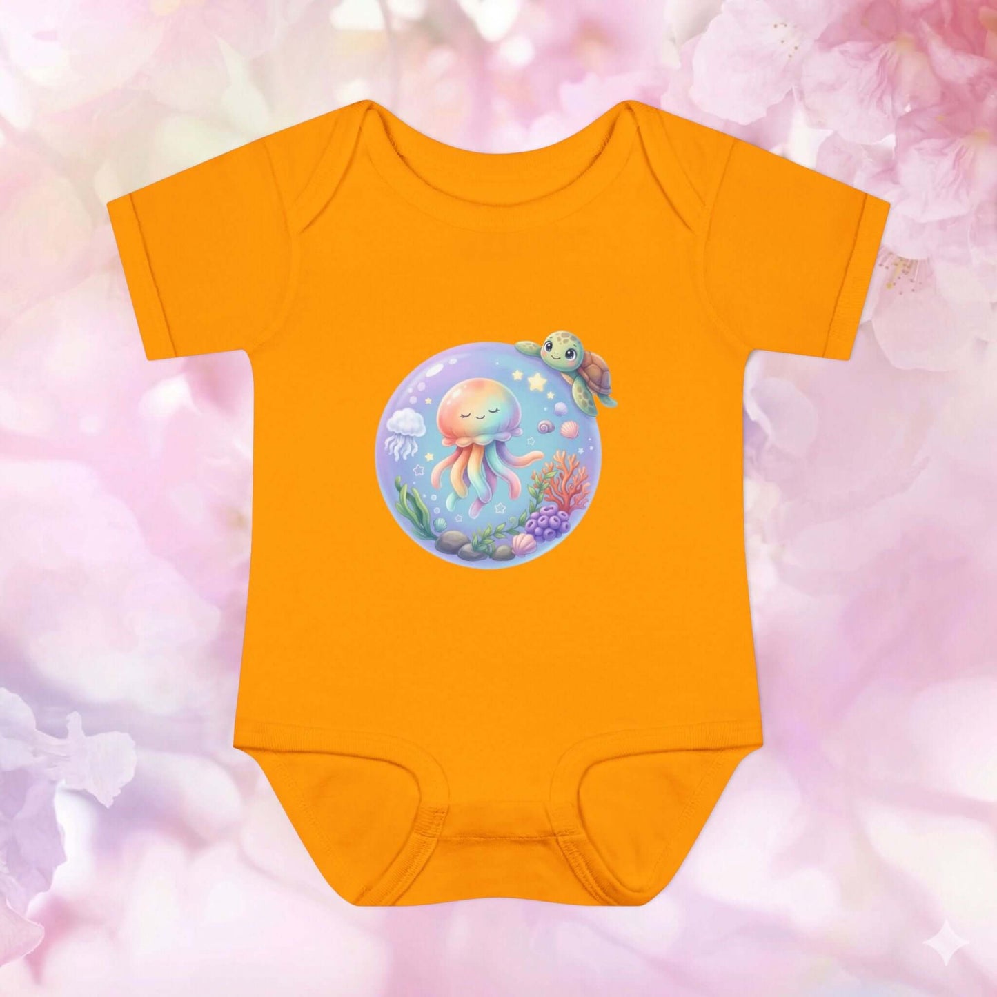 Rainbow Jellyfish Infant Bodysuit featuring a happy turtle and colorful jellyfish in a bubble.