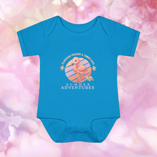 Infant flamingo bodysuit in bright blue with Summer Adventure design for cozy everyday baby wear.