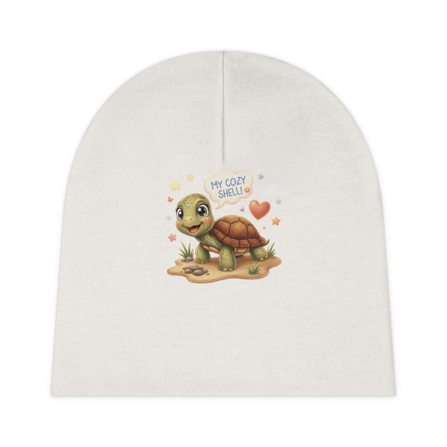 Soft white infant turtle beanie with Cozy Shell turtle artwork, made for everyday warmth and tiny hatchlings.