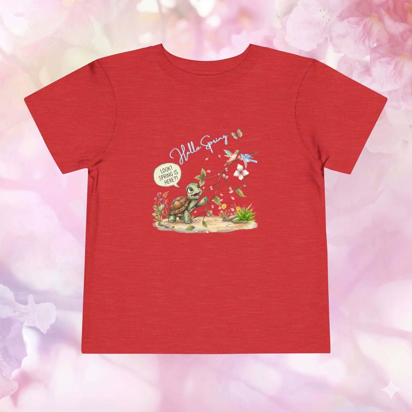 Toddler spring shirt featuring a joyful turtle and spring blossoms on a red background.