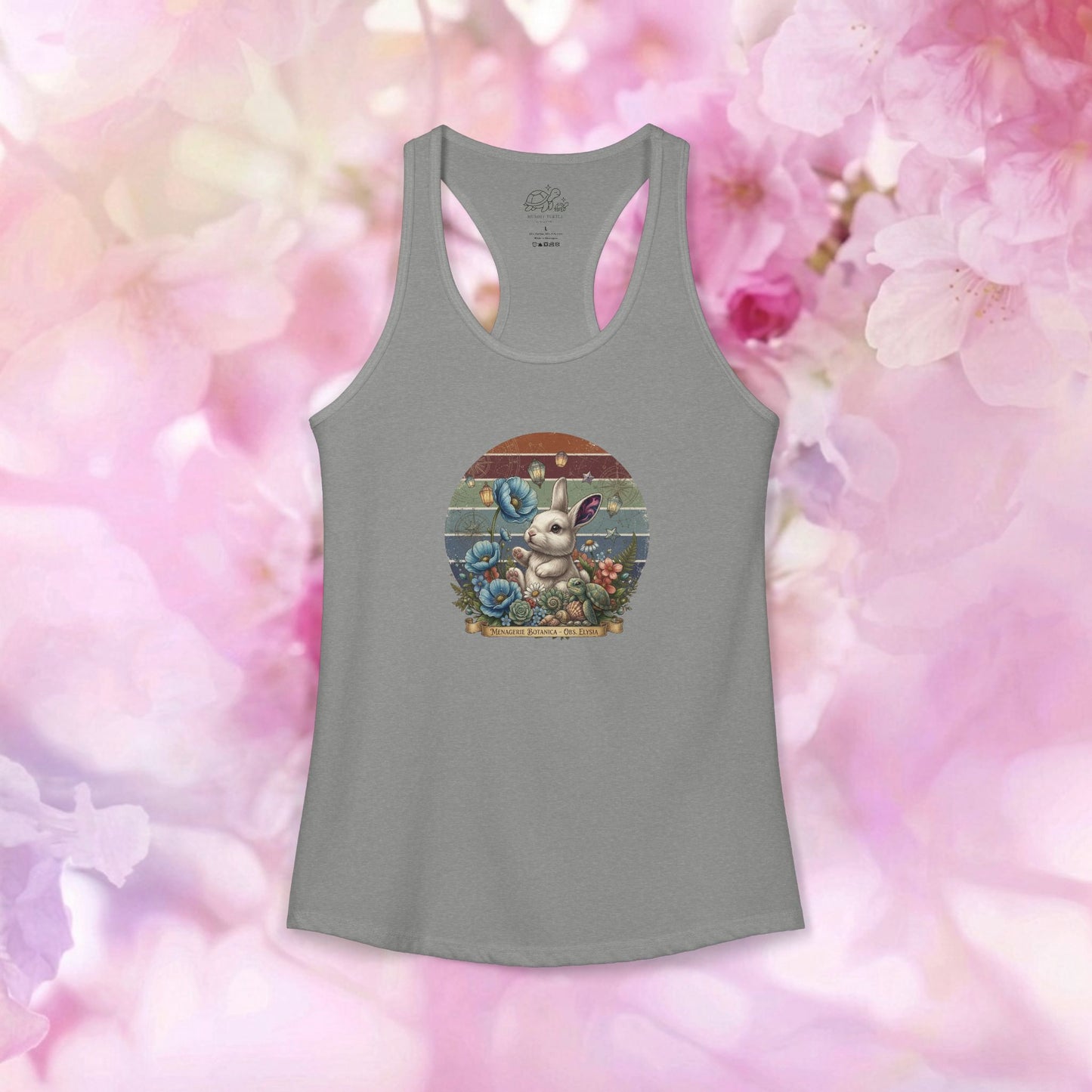Vintage botanical racerback tank featuring a bunny in a floral design against a pastel background.