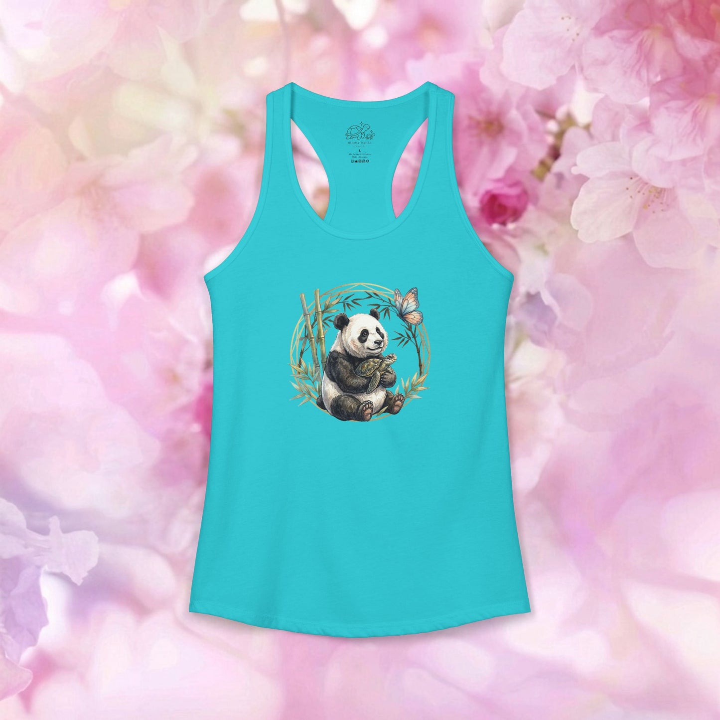 Panda and turtle racerback tank with a cute panda, butterfly, and bamboo design on a teal background.