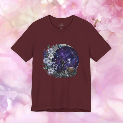Black cat graphic t-shirt front view in maroon, showcasing the Celestial Cat artwork with a rich and cozy everyday style.