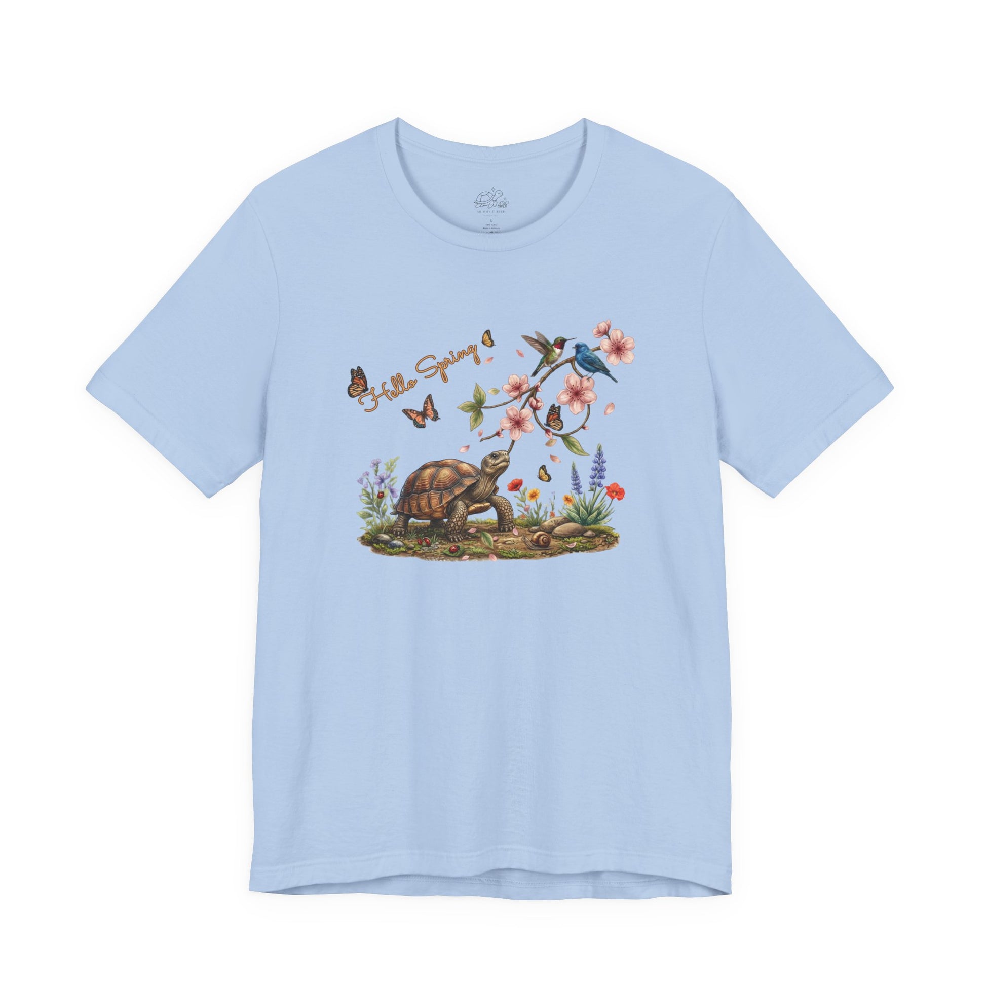 Hello Spring unisex jersey tee featuring a turtle, pink blossoms, and colorful birds in a bright meadow.