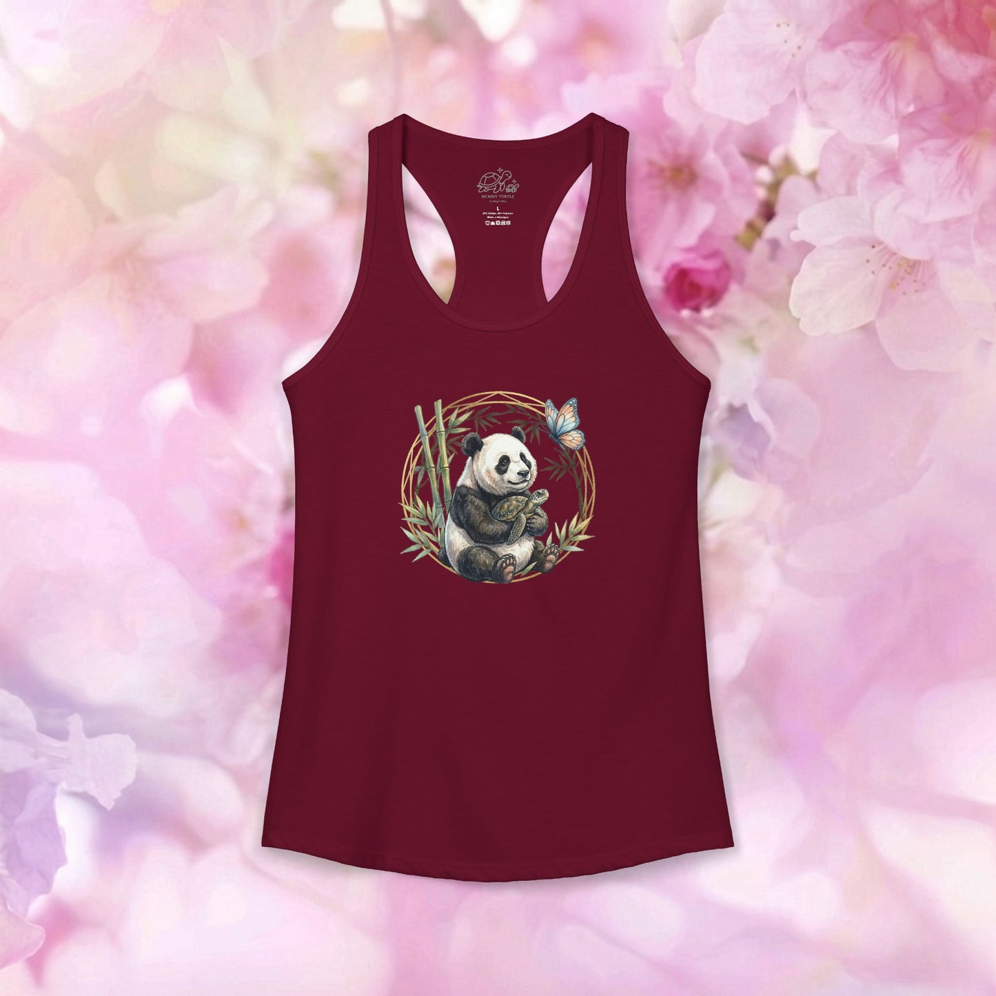 Panda and turtle racerback tank featuring a panda and butterfly design on a maroon background.