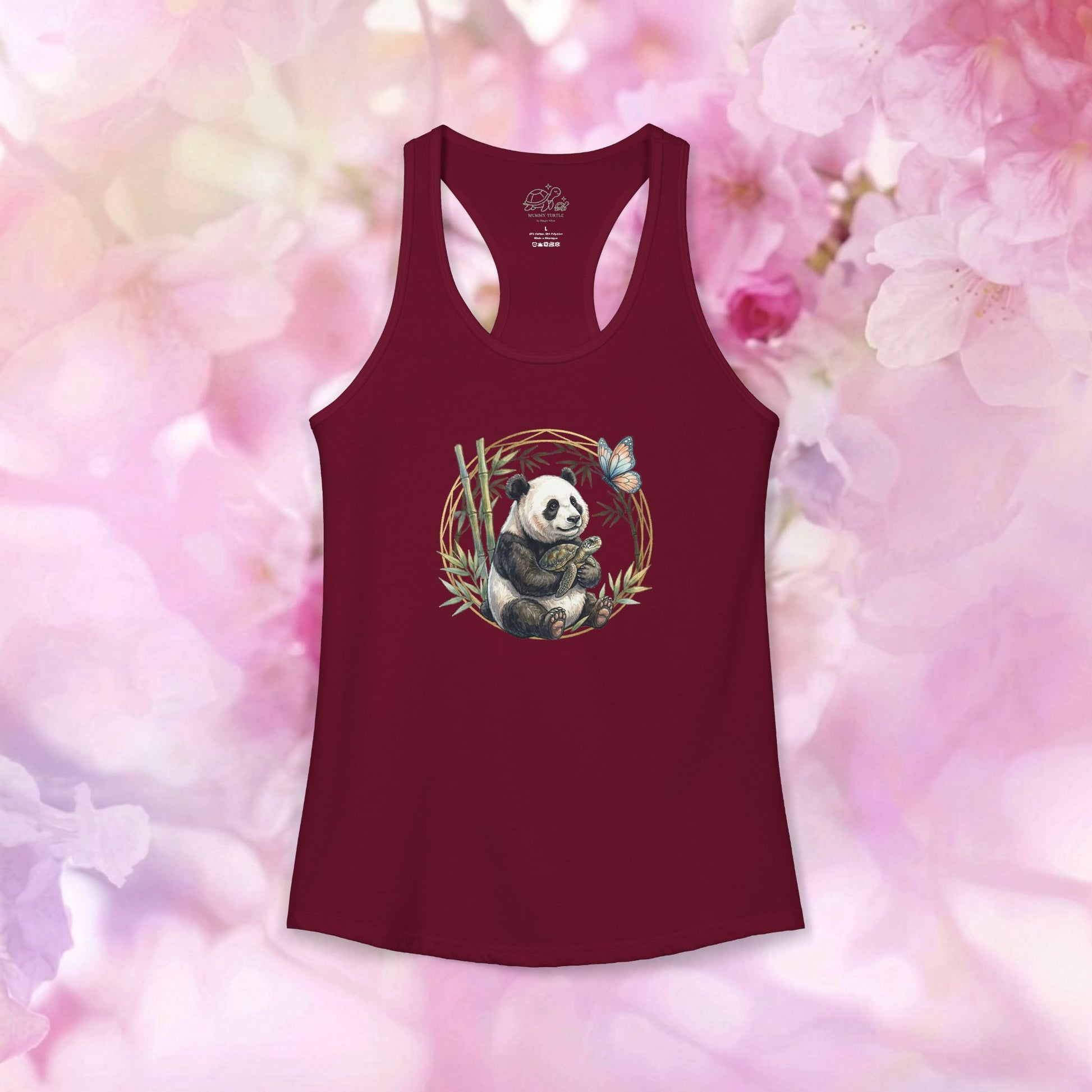 Panda and turtle racerback tank featuring a panda and butterfly design on a maroon background.