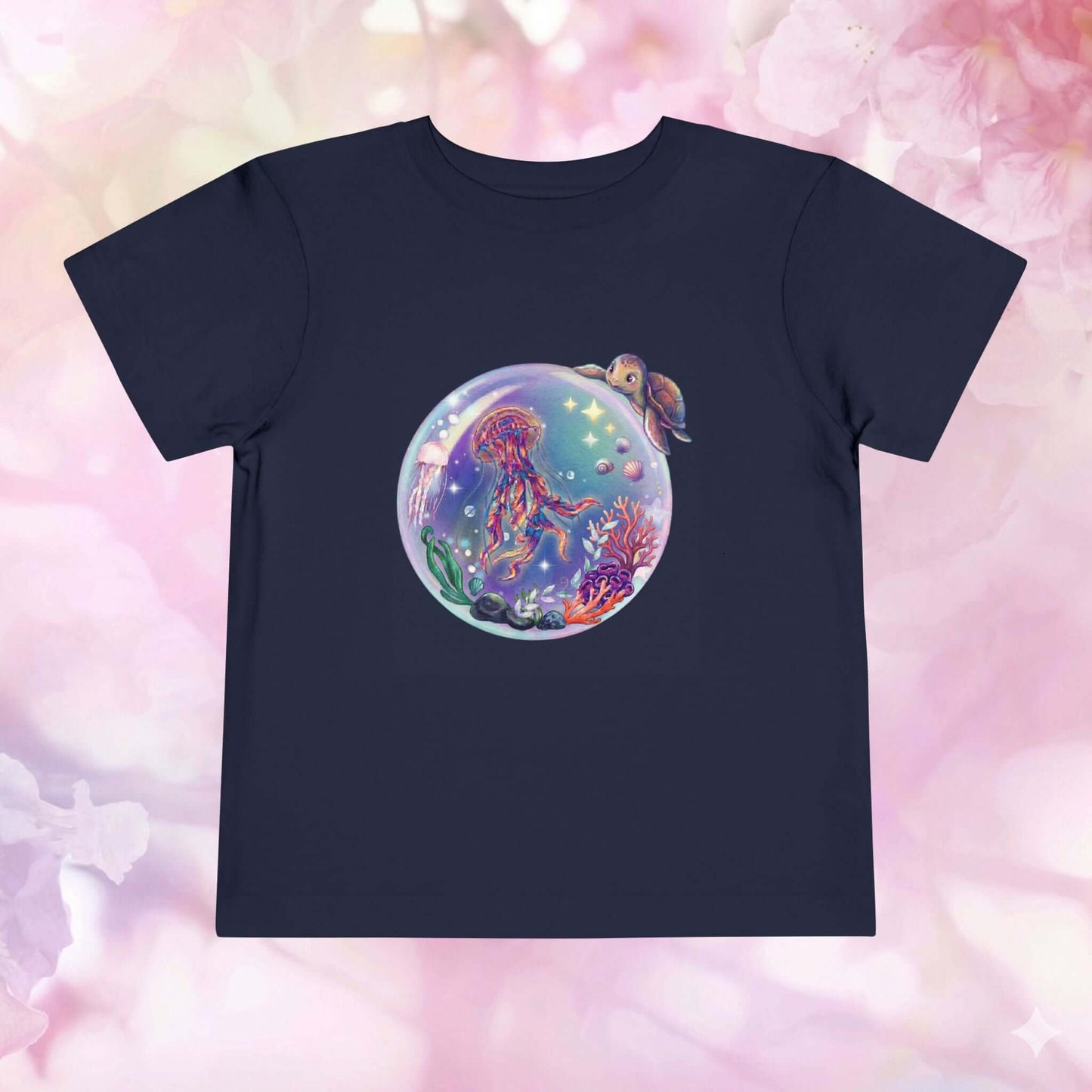 Magical Undersea Bubble Toddler Jellyfish T-Shirt with jellyfish and turtle design in a colorful bubble.