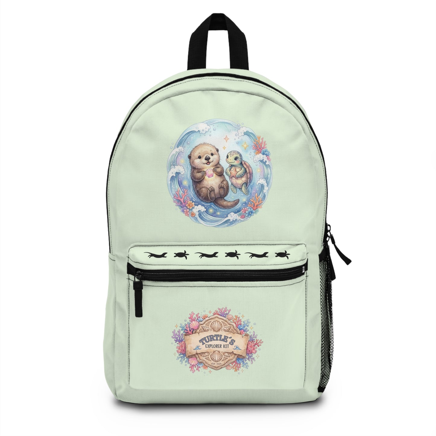 Kids otter backpack featuring playful sea otter and turtle designs, perfect for adventures and school days.