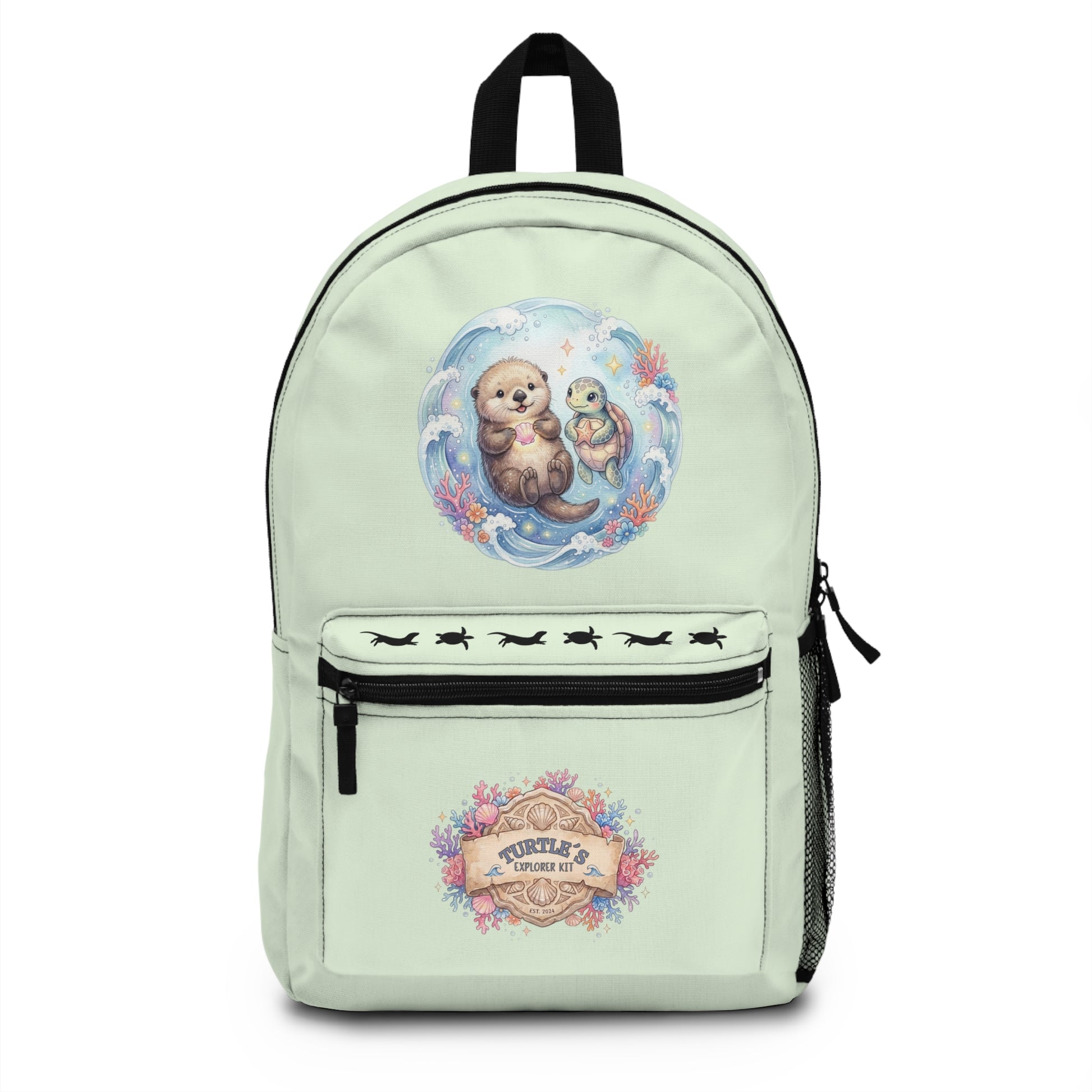 Kids otter backpack featuring playful sea otter and turtle designs, perfect for adventures and school days.