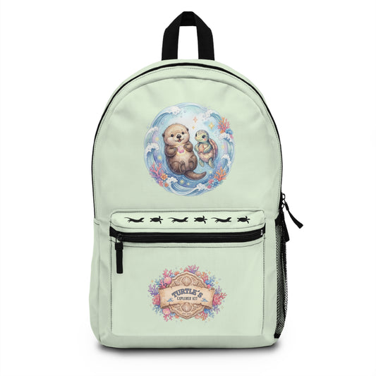 Kids otter backpack featuring playful sea otter and turtle designs, perfect for adventures and school days.