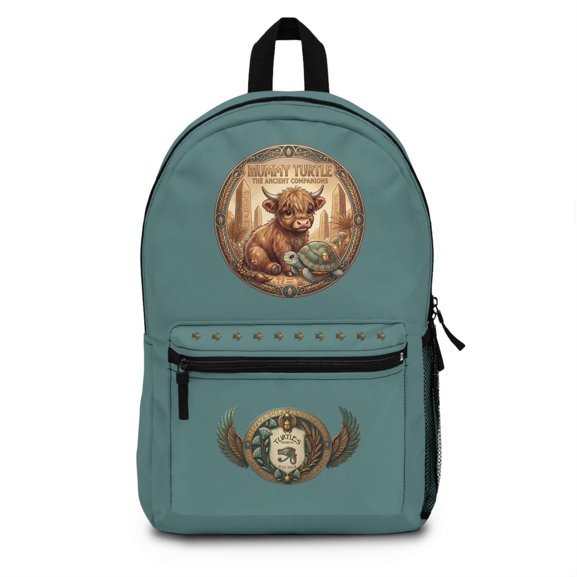 Ancient Companions Kids Explorer Backpack featuring Mummy Turtle and fluffy highland cow design.