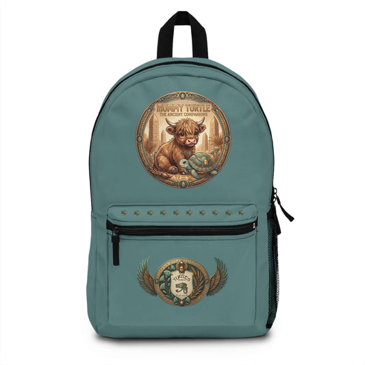 Ancient Companions Kids Explorer Backpack featuring Mummy Turtle and fluffy highland cow design.