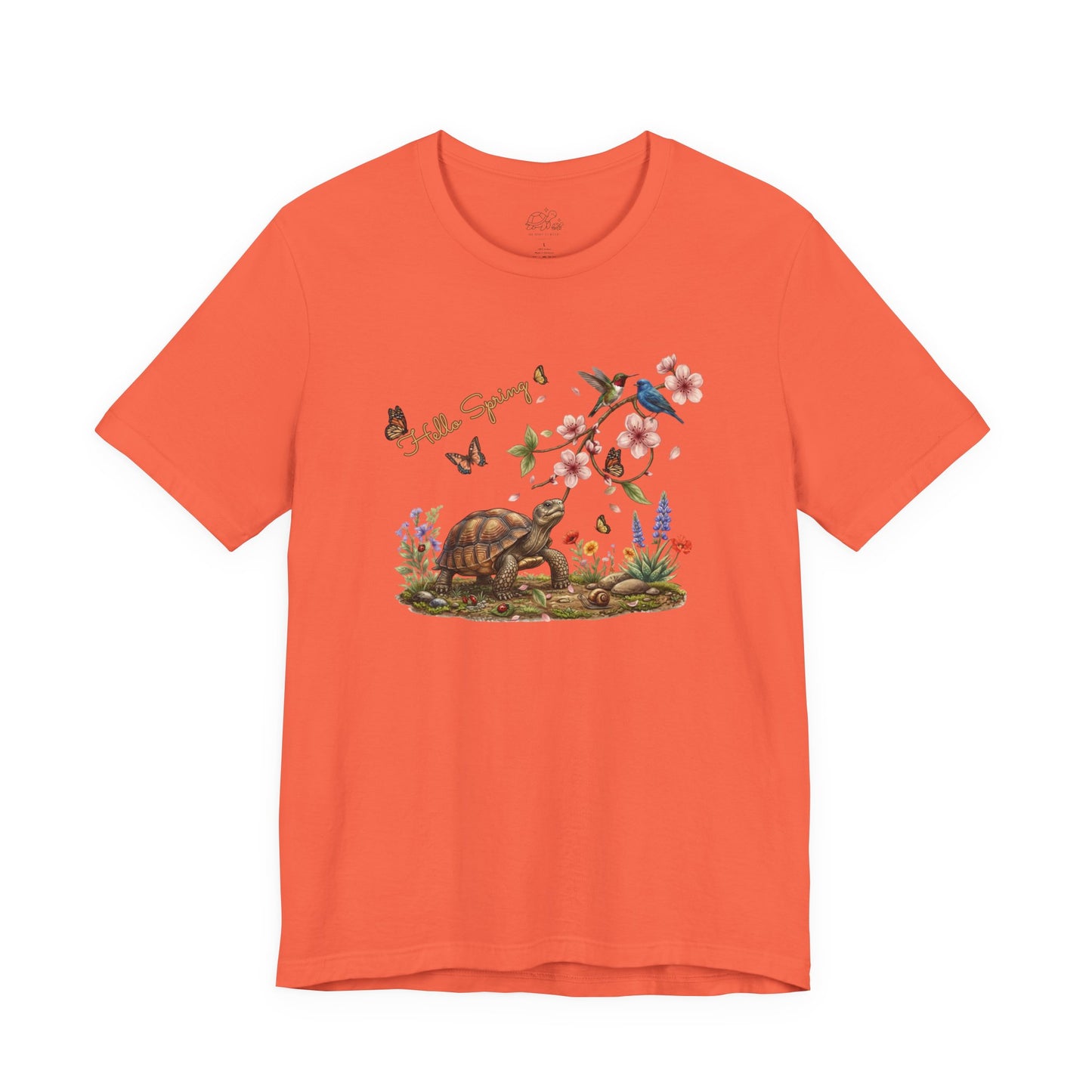 Hello Spring unisex jersey tee featuring a turtle, cherry blossoms, and colorful birds in a sunny meadow.