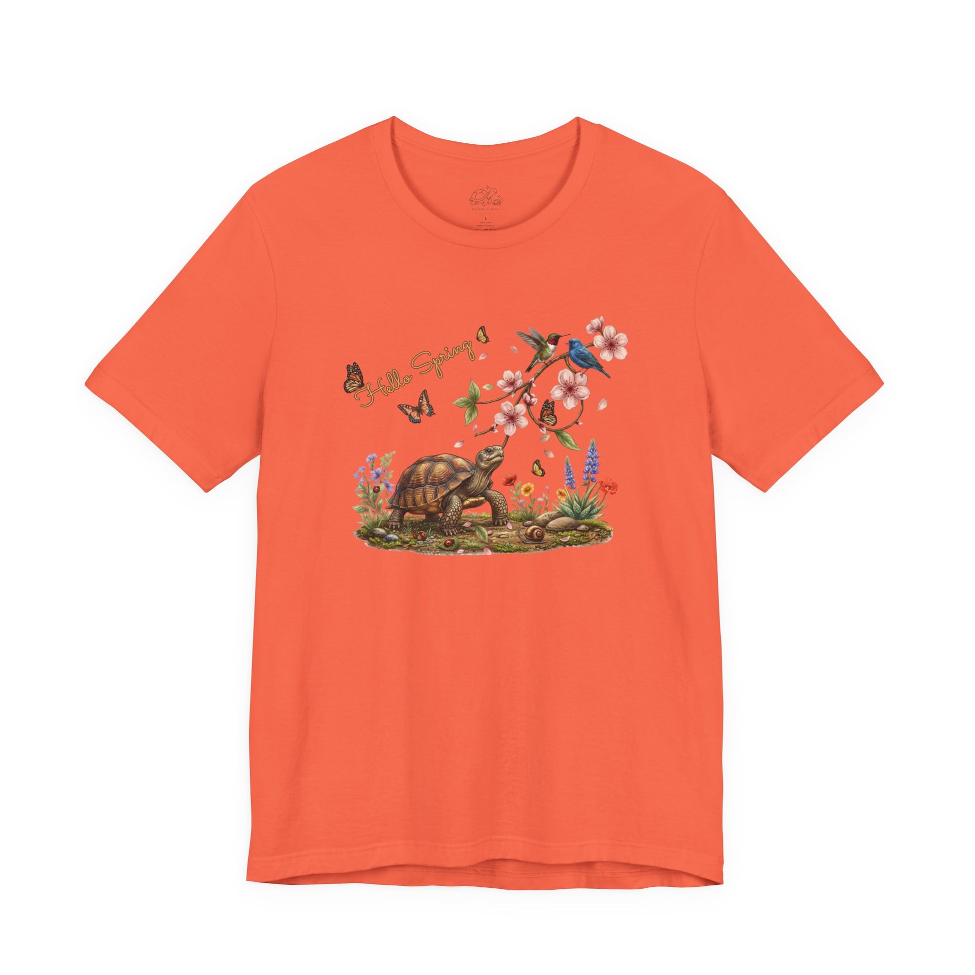 Hello Spring unisex jersey tee featuring a turtle, cherry blossoms, and colorful birds in a sunny meadow.