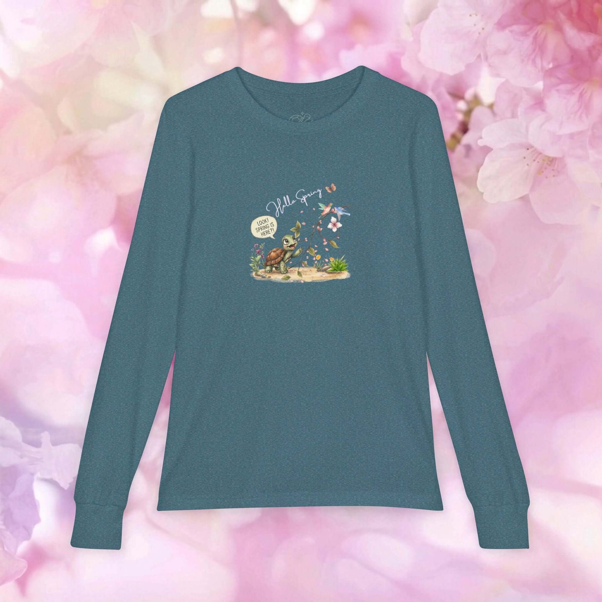 Hello Spring Kids Long-Sleeve Tee featuring a turtle and flowers, perfect kids spring long sleeve shirt for sunny days.